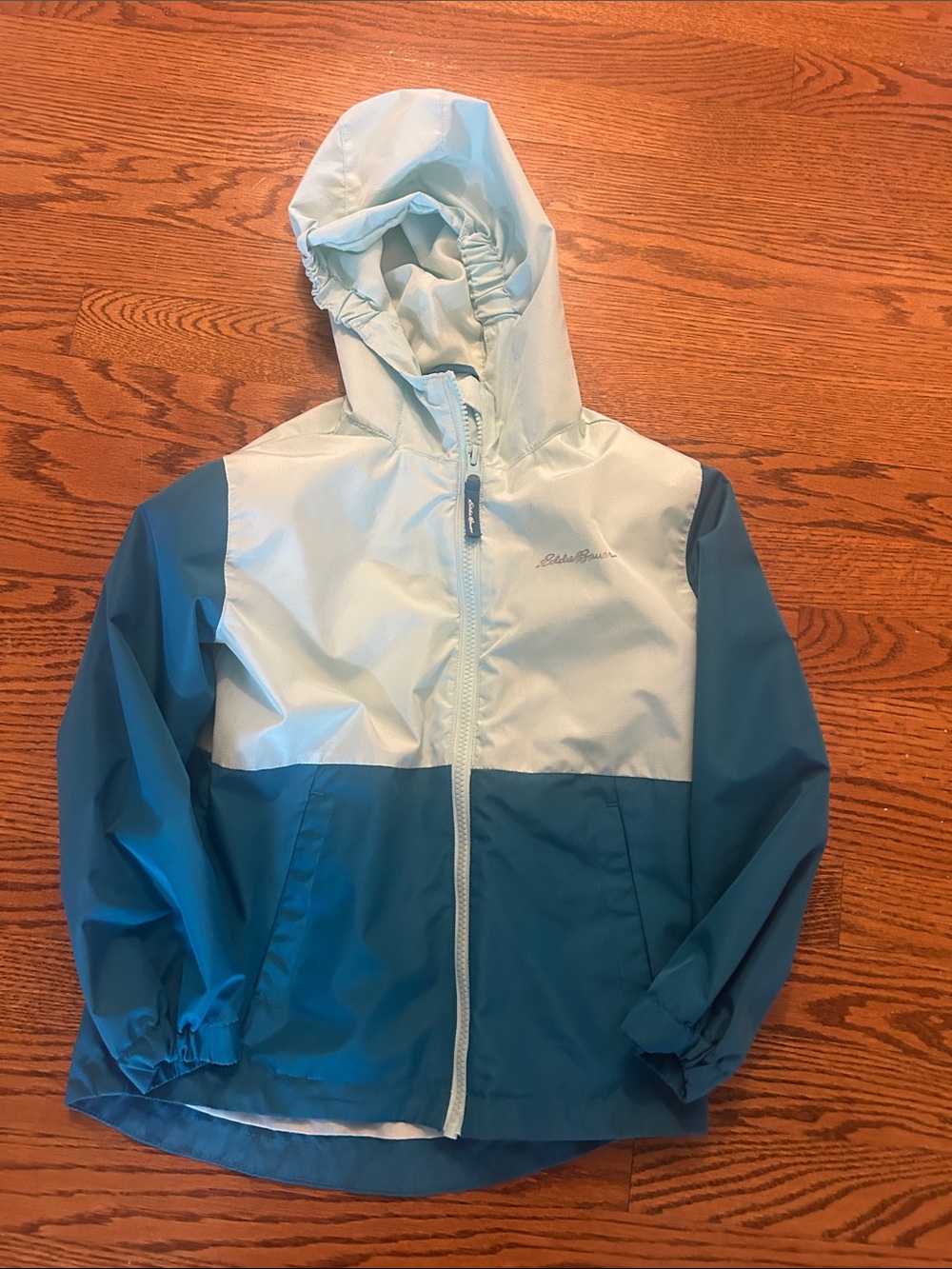 Eddie Bauer Teal and Light Blue Kids Hooded Rain Jacket